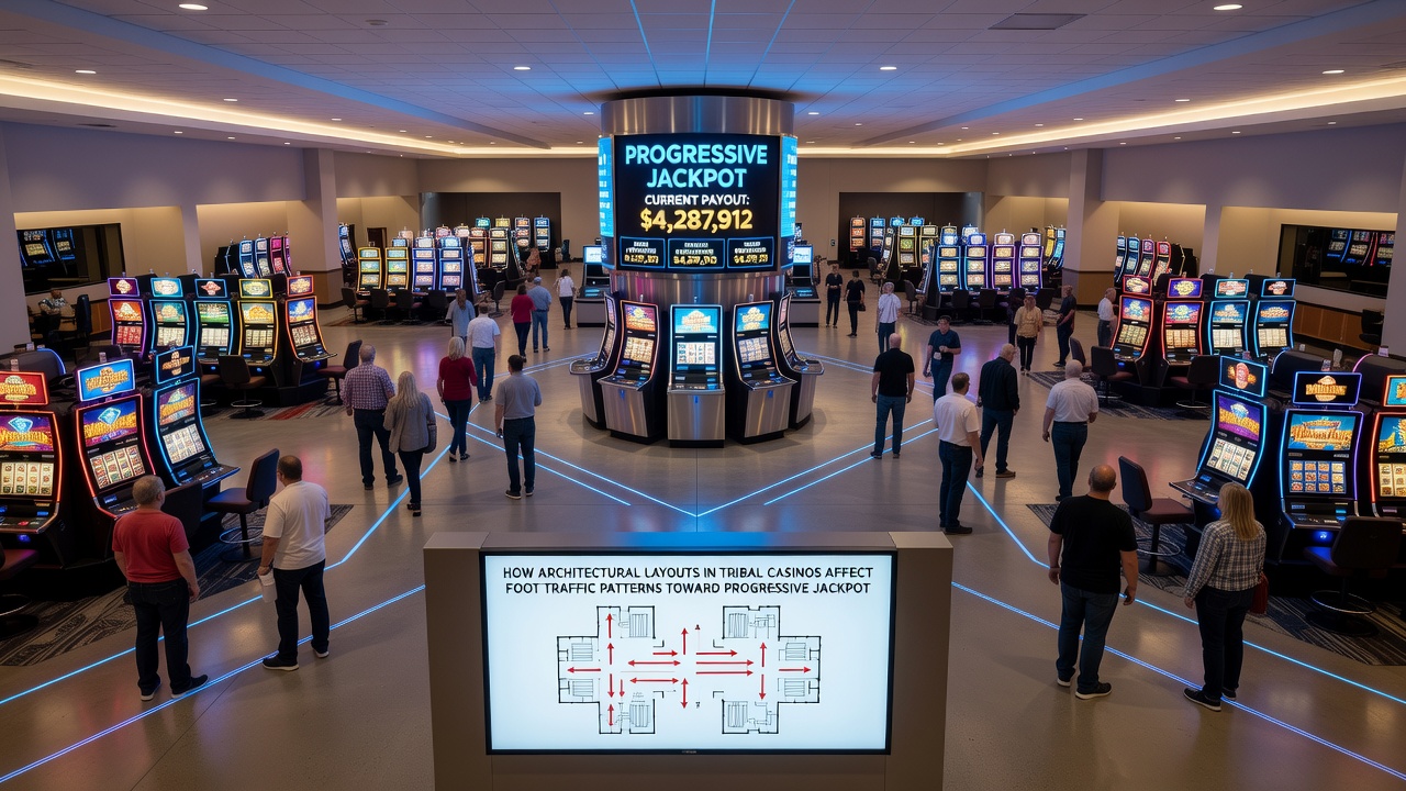 Overhead view of casino pathways directing players toward clustered progressive slot machines