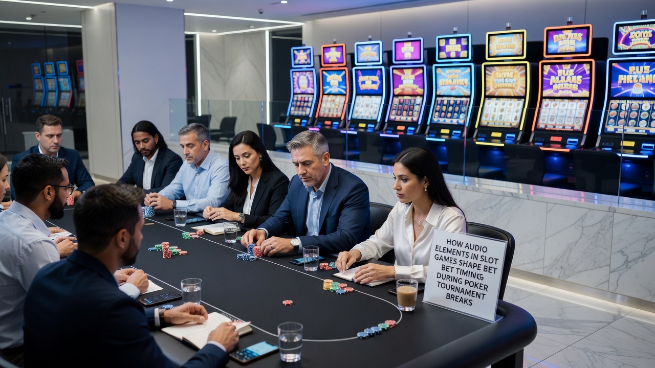Players at slot machines during a casino event break with visible audio visualizers on screens