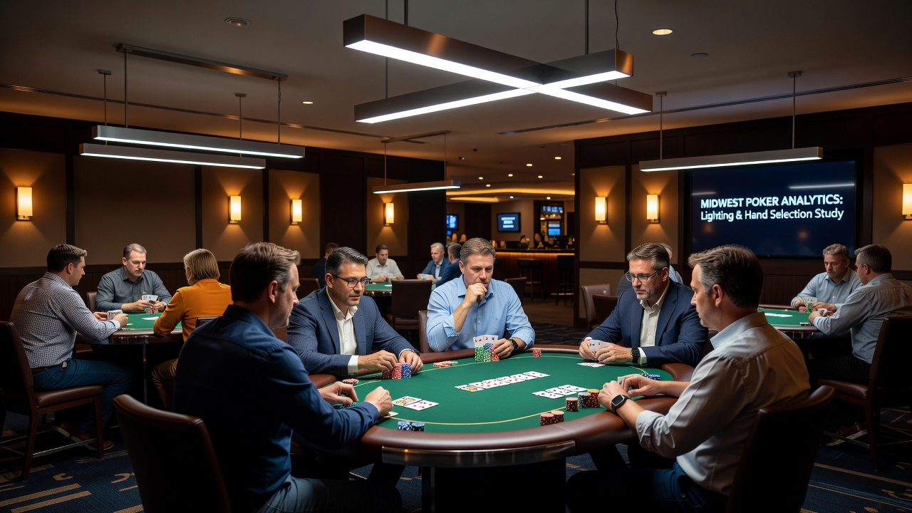 Close-up of poker table under warm LED lighting with players reviewing hole cards during a cash game session