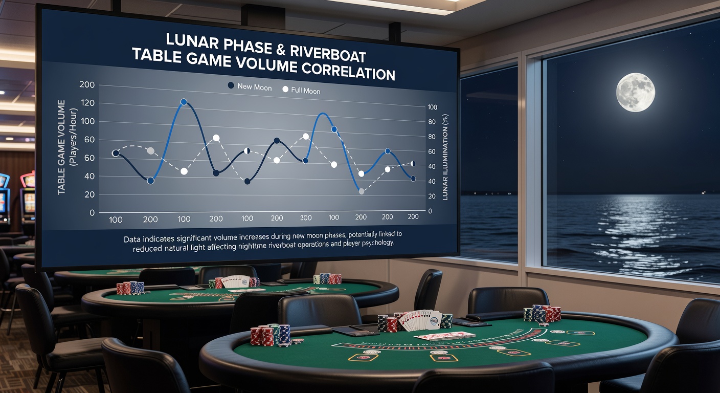 Data analysts reviewing casino volume charts overlaid with lunar phase indicators at a Mississippi riverboat facility