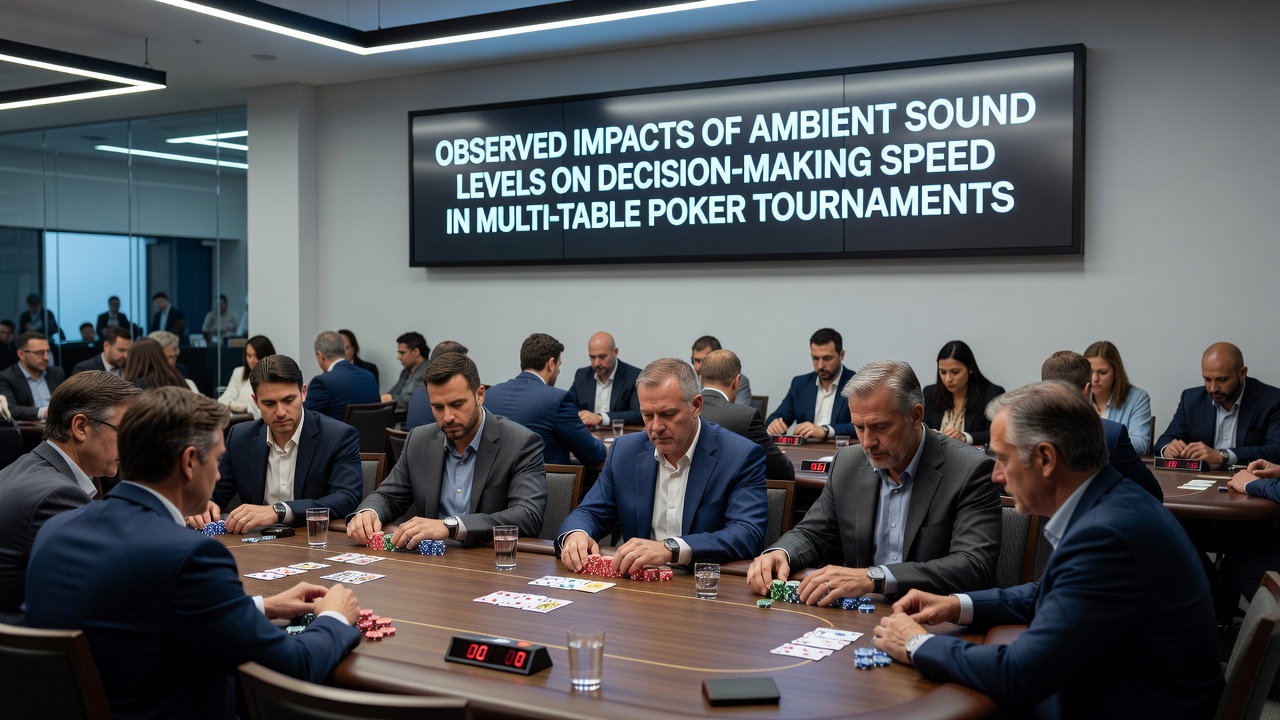 International poker tournament players at tables with visible sound level indicators and crowd noise
