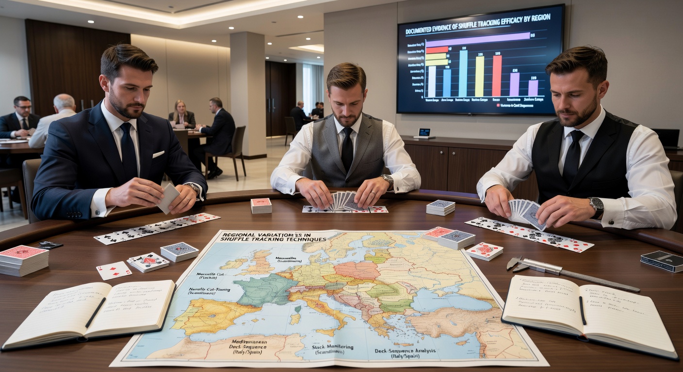 Close-up view of dealer hands performing a manual shuffle at a European blackjack table with multiple decks