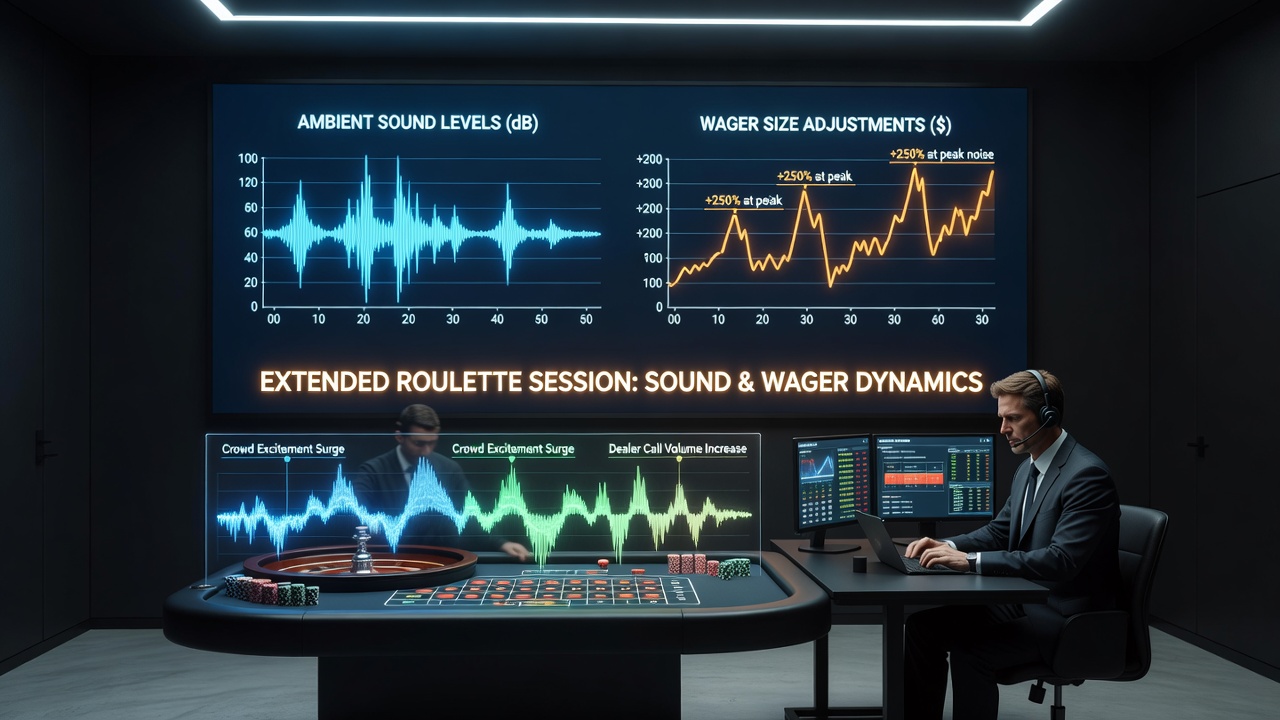 Detailed view of roulette wheel and betting layout with surrounding casino floor activity and sound monitoring devices